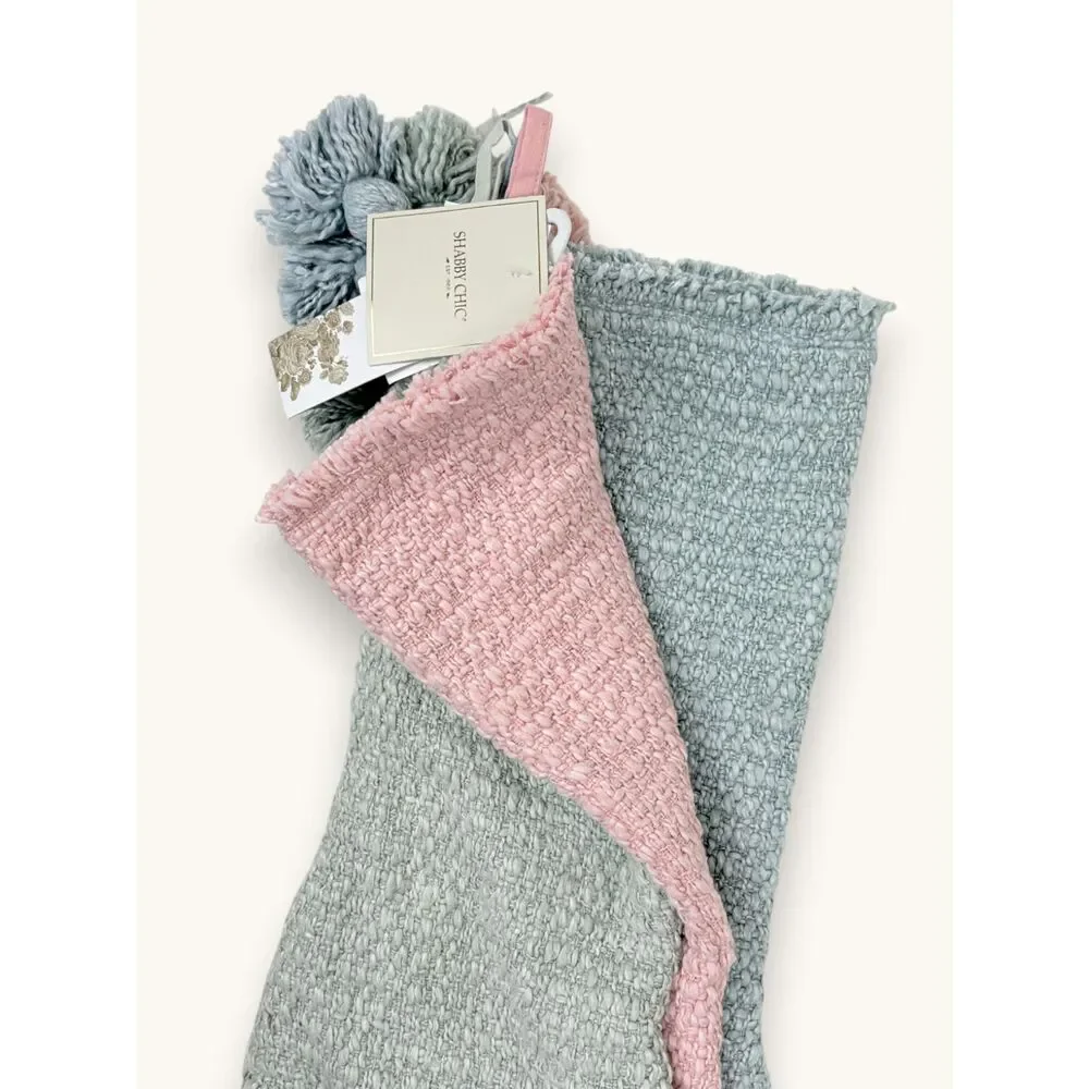 Shabby Chic Set of 3 Knit Christmas Stockings Pink Blue Sage Green NWT